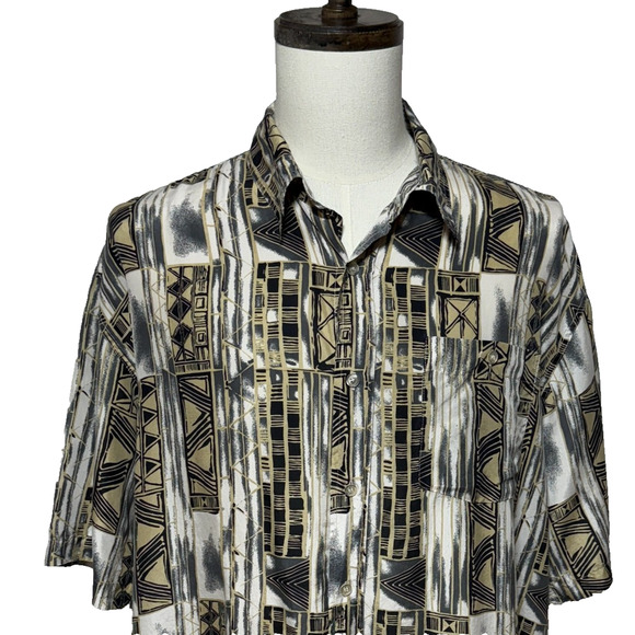 Scandia Woods Shirt XL Black Tan Silk Button Up Short Sleeve Abstract Beachy - Picture 1 of 8